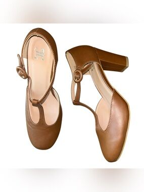 Brown T-Strap Heels Size 8 Block Heel‎ Mary Jane Style Faux Leather Retro Chic
